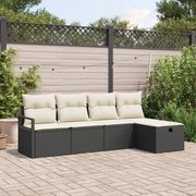 Conjunto de Sofá de Jardim de 5 Peças com Almofadas Vime PE Preto, Sof