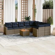 vidaXL 10 pcs conjunto sofás p/ jardim c/ almofadões vime PE cinzento