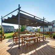 Pérgola com Teto Retrátil de Alumínio 588x297x230 cm Pérgola com Tecido de Poliéster Anti UV Pérgola de Jardim Cinzento Escuro
