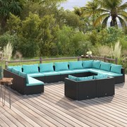 12 pcs conjunto lounge de jardim c/ almofadões vime PE preto