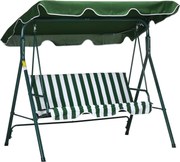 Outsunny Baloiço de Jardim de 3 Lugares com Almofada Toldo Ajustável e Estrutura de Metal 172x110x153cm Verde e Branco | Aosom Portugal