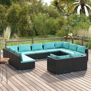 11 pcs conjunto lounge de jardim c/ almofadões vime PE preto