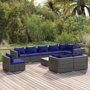 10 pcs conjunto lounge de jardim c/ almofadões vime PE cinzento