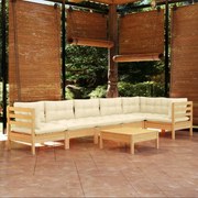 vidaXL 7 pcs conjunto lounge de jardim c/ almofadões cor creme pinho