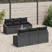 vidaXL Conjunto de sofá para jardim de 7 peças com almofadas pretas de rattan de polietileno e acácia