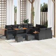 vidaXL Conjunto de Sofá de Jardim de 14 Peças com Almofadas Pretas e Polyrattan de Acácia