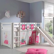 Conjunto Cama alta de Criança PINO 90 x 200 cm + estrado + escada + escorrega + cortina + 3 bolsas Princesa branca