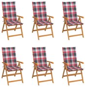 vidaXL Cadeiras jardim c/ almofadões xadrez vermelho 6 pcs teca maciça