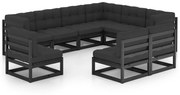 vidaXL 9pcs conjunto longue de jardim c/ almofadões pinho maciço preto