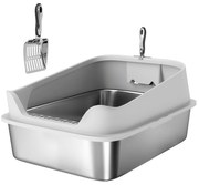 PawHut Caixa de Areia para Gatos em Aço Inoxidável XXL com Borda Alta Pá Fácil de Limpar À Prova de Fugas 70x50x30 cm Cinzento | Aosom Portugal