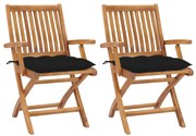 vidaXL Cadeiras de jardim c/ almofadões preto 2 pcs teca maciça
