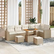 vidaXL Conjunto de Sofá para Jardim de 9 Peças com Almofadas de Rattan Poliéster Beiges e Estrutura de Acácia