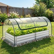 Mini estufa elevada galvanizada para jardim 202 x 101 x 81 cm com cobertura tipo mini-estufa e 2 portas enroláveis para ervas, vegetais e frutas Trans