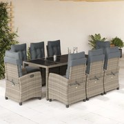 vidaXL 9 pcs conjunto de jantar p/ jardim c/ almofadões vime PE cinza