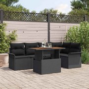 vidaXL Conjunto de Jantar de Jardim de 6 Peças com Almofadas de Rattan Preto Poliéster e Acácia