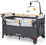 Berço para bebés 5 em 1 ajustável, convertível e dobrável, com trocador, rodas, brinquedos 125 x 65 x 78 cm Cinzento