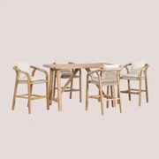 Conjunto De Mesa Alta Retangular 160x90 Cm E 4 Bancos Altos De Jardim Em Madeira De Acácia Dubai Castanho Acácia Rústico & Tecido Gardénia Branco -