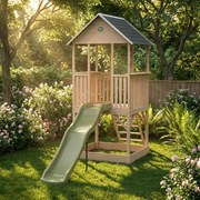 Parque exterior com casa de brincar para crianças Panorama 500 em madeira com escorrega e caixa de areia natural