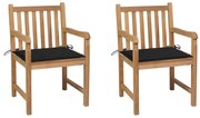 vidaXL Cadeiras de jardim c/ almofadões pretos 2 pcs teca maciça