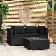 vidaXL 3 pcs conjunto lounge de jardim c/ almofadões vime PE preto