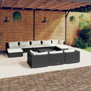 11 pcs conjunto lounge de jardim c/ almofadões vime PE preto