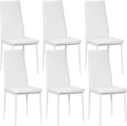 HOMCOM Conjunto de 6 Cadeiras de Sala de Jantar Estofadas em Couro Sintético com Encosto Alto e Pés de Aço 41x50x97 cm Branco | Aosom Portugal