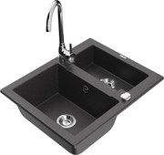 Mexen Carlos lava-loiça de granito 1,5-cubas com torneira de cozinha Telma, preto salpicado - 6518-76-670200-00