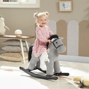 Cavalo de baloiço para crianças, brinquedo de baloiço para bebés em peluche com efeitos sonoros e boneca, 71 x 26 x 55 cm, cinzento