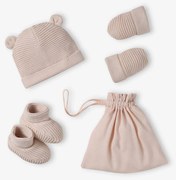 Conjunto gorro, luvas/mitenes e sapatinhos em algodão bio e bolsa personalizável rosa
