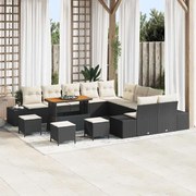vidaXL Sofá de Jardim 14 Peças com Almofadas Pretas em Rattan e Acácia.