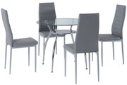 HOMCOM Conjunto de Refeição Mesa e 4 Cadeiras Conjunto de 5 Peças Mesa Redonda de Vidro Temperado Ø90x75 cm e 4 Cadeiras 42x52x96 cm Cinza