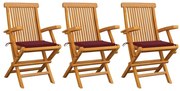 vidaXL Cadeiras jardim c/ almofadões vermelho tinto 3 pcs teca maciça