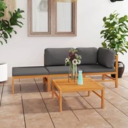 vidaXL 4 pcs conj. lounge jardim c/ almofadões cinzentos teca maciça
