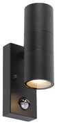 Candeeiro de parede exterior preto 2 luzes com sensor de movimento IP44 - Duo