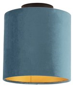 Candeeiro de teto com abajur de veludo azul com dourado 20 cm - Combi preto Clássico / Antigo