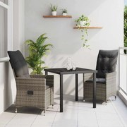 vidaXL Conjunto de Jantar de Jardim com 3 Peças e Almofadas Cinza em Rattan e Polipropileno.