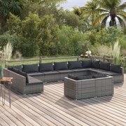 12 pcs conjunto lounge de jardim c/ almofadões vime PE cinzento