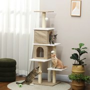 Arranhador para Gatos com 2 Cavernas Plataformas Bolas Suspensas e Poste de Sisal 48x40x140 cm Castanho Claro