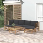 7pcs conj. lounge de jardim bambu c/ almofadões cinzento-escuro