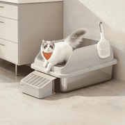 Caixa de areia para Gatos 62 x 42 x 30 cm em aço inoxidável com borda alta e acessórios cinzento