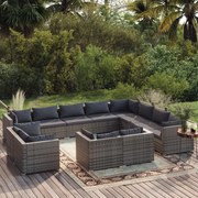 12 pcs conjunto lounge de jardim c/ almofadões vime PE cinzento