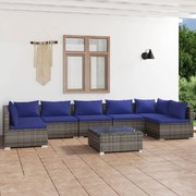 8 pcs conjunto lounge de jardim c/ almofadões vime PE cinza