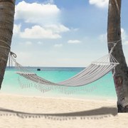 Cama Rede de Jardim 200x100 cm Rede Suspensa com Travessas de Madeira para Pátio Varanda Campismo Creme e Cinza