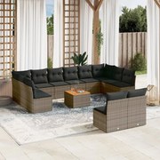vidaXL 13 pcs conjunto sofás p/ jardim c/ almofadões vime PE cinzento