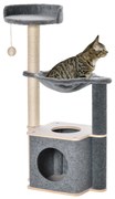 PawHut Árvore Arranhador para Gatos Árvore para Escalar Brincar e Descansar com Rede Plataformas Caverna Bola Suspensa e Poste de Sisal para Aranhar 48x34x95cm Cinza