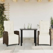 vidaXL 3 pcs conjunto jantar p/ jardim c/ almofadões vime PE castanho