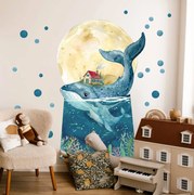 Autocolante de parede em aguarela para quarto de criança - Baleia e lua