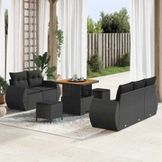 vidaXL Conjunto de sofá de jardim com 8 peças e almofadas de rattan preto e acácia.