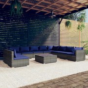 11 pcs conjunto lounge de jardim c/ almofadões vime PE cinza