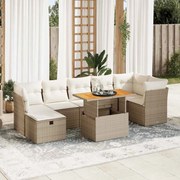 8 pcs conjunto sofás jardim com almofadões vime PE/acácia bege